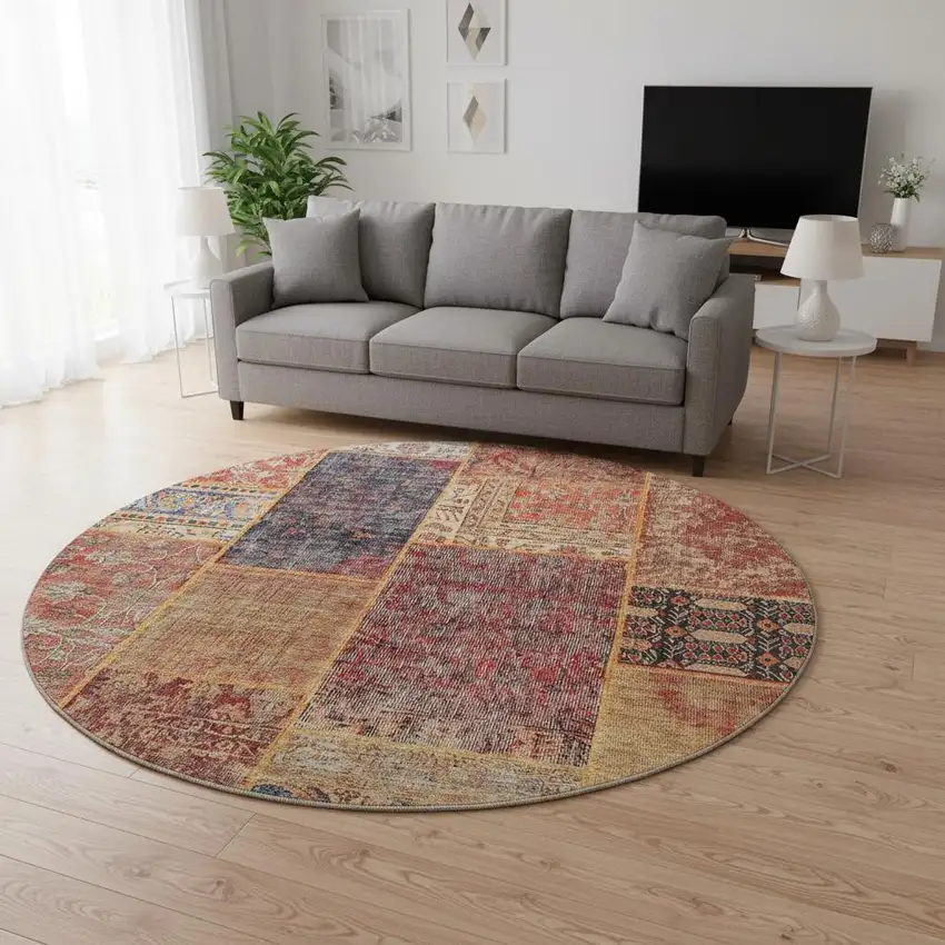 8' Red Blue And Gold Patchwork Washable Round Rug With UV Protection Photo 2