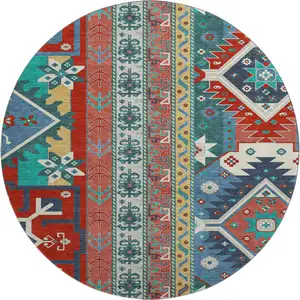 Photo of 8' Red Blue And Green Southwestern Washable Round Rug With UV Protection
