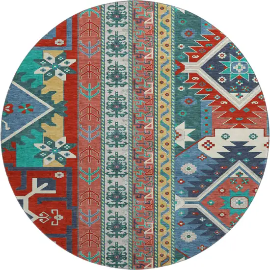 8' Red Blue And Green Southwestern Washable Round Rug With UV Protection Photo 1