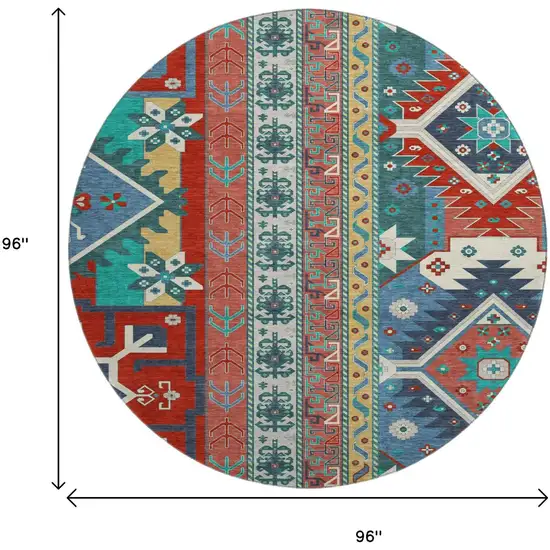 8' Red Blue And Green Southwestern Washable Round Rug With UV Protection Photo 9
