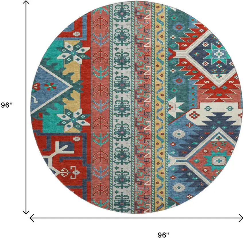 8' Red Blue And Green Southwestern Washable Round Rug With UV Protection Photo 9