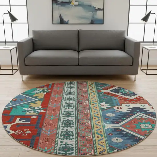 8' Red Blue And Green Southwestern Washable Round Rug With UV Protection Photo 2