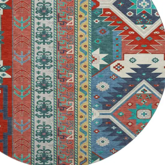 8' Red Blue And Green Southwestern Washable Round Rug With UV Protection Photo 2