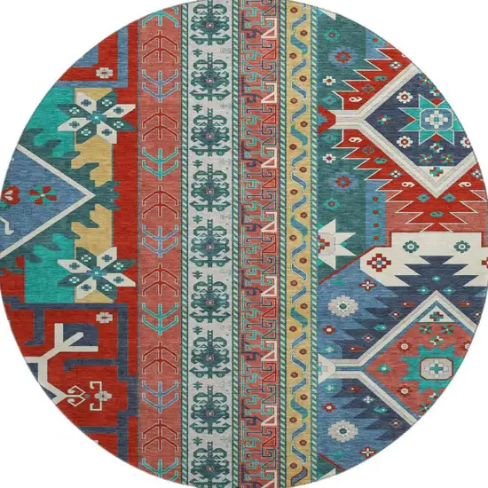 8' Red Blue And Green Southwestern Washable Round Rug With UV Protection Photo 3
