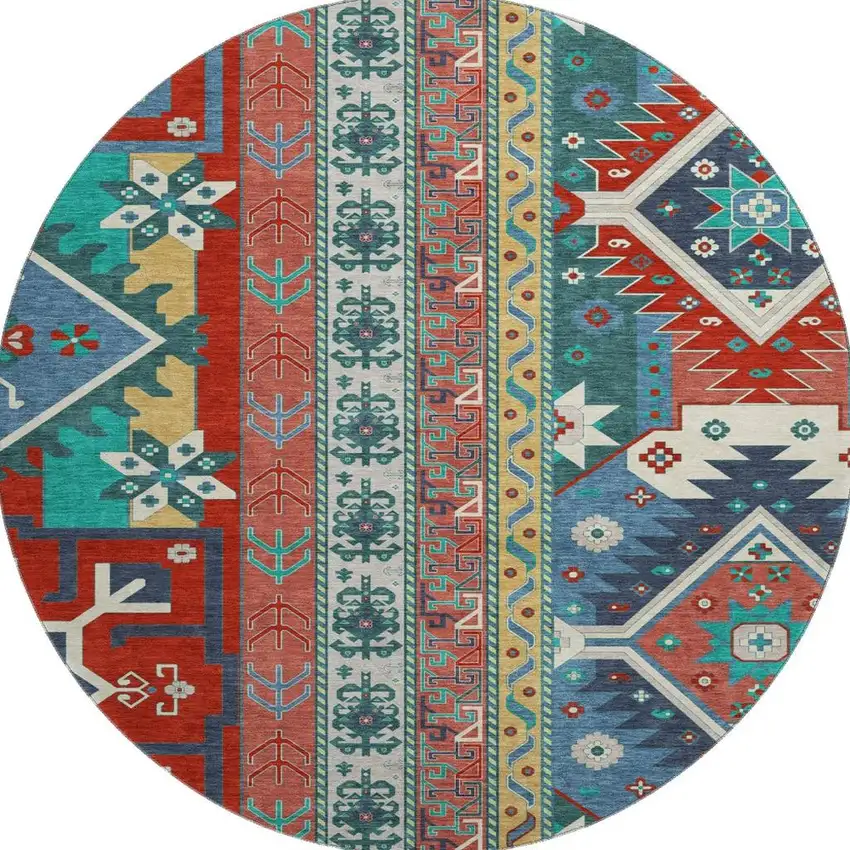 8' Red Blue And Green Southwestern Washable Round Rug With UV Protection Photo 3