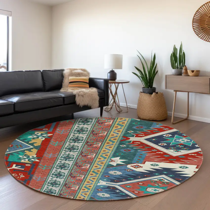 8' Red Blue And Green Southwestern Washable Round Rug With UV Protection Photo 4