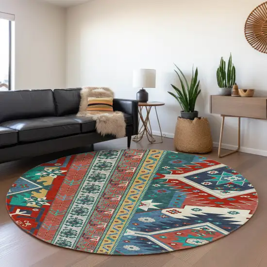 8' Red Blue And Green Southwestern Washable Round Rug With UV Protection Photo 4