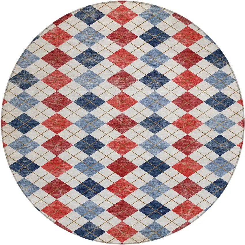 8' Red Blue And Ivory Round Geometric Washable Indoor Outdoor Area Rug Photo 2
