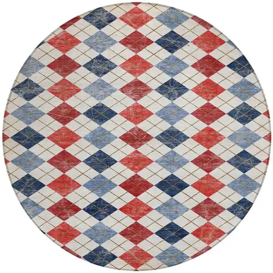 8' Red Blue And Ivory Round Geometric Washable Indoor Outdoor Area Rug Photo 5