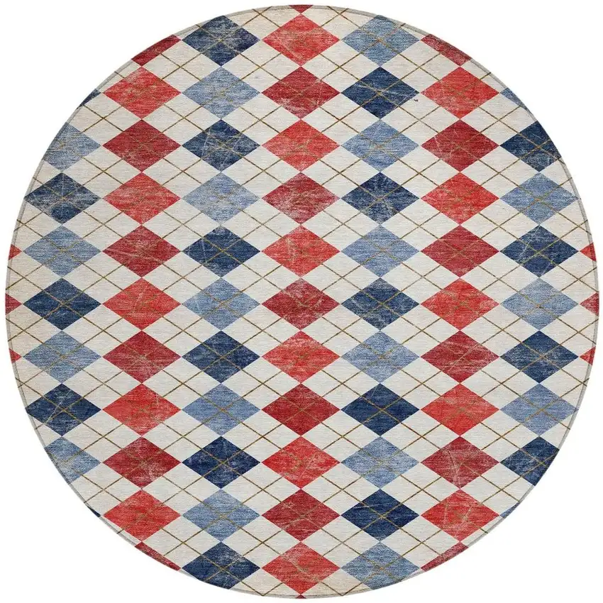 8' Red Blue And Ivory Round Geometric Washable Indoor Outdoor Area Rug Photo 5