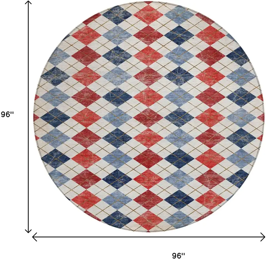 8' Red Blue And Ivory Round Geometric Washable Indoor Outdoor Area Rug Photo 3