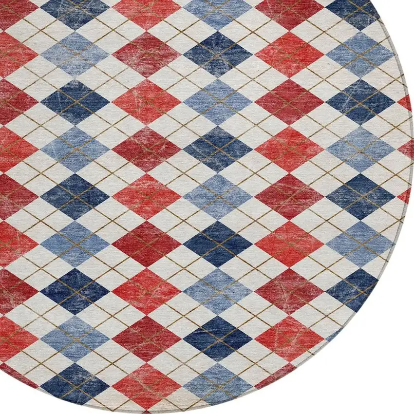 8' Red Blue And Ivory Round Geometric Washable Indoor Outdoor Area Rug Photo 4