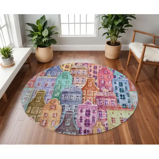 8' Red Blue And Lavender Abstract Geometric Washable Round Rug With UV Protection Photo 2