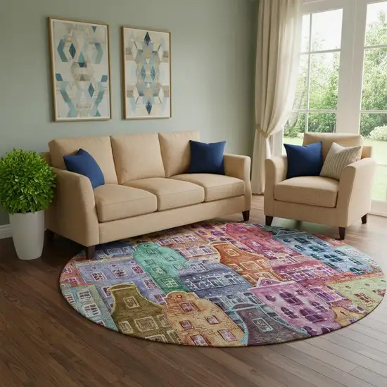 8' Red Blue And Lavender Abstract Geometric Washable Round Rug With UV Protection Photo 1