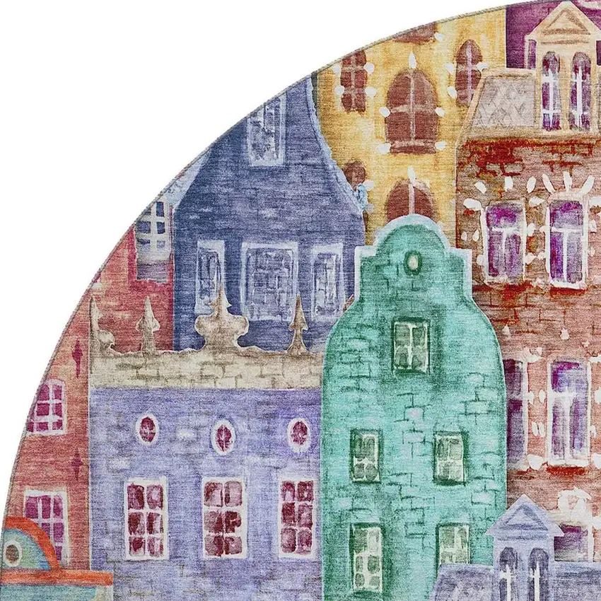 8' Red Blue And Lavender Abstract Geometric Washable Round Rug With UV Protection Photo 4