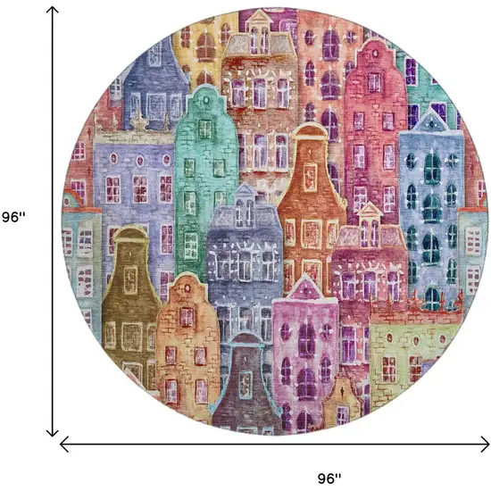 8' Red Blue And Lavender Abstract Geometric Washable Round Rug With UV Protection Photo 3