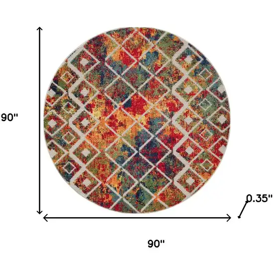 8' Red Blue And Orange Diamond Round Rug Photo 3