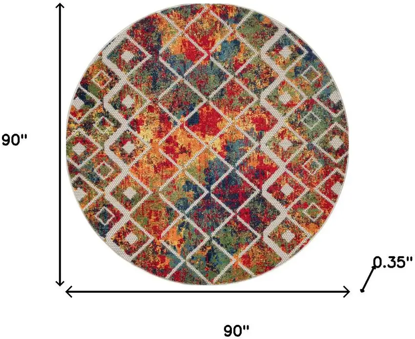 8' Red Blue And Orange Diamond Round Rug Photo 3