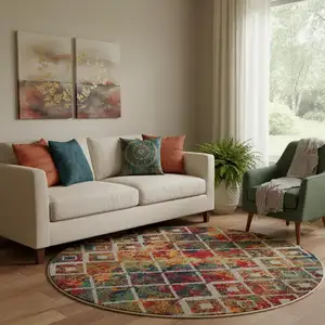 Photo of 8' Red Blue And Orange Diamond Round Rug