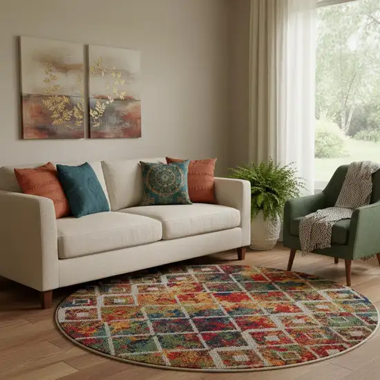 8' Red Blue And Orange Diamond Round Rug Photo 1