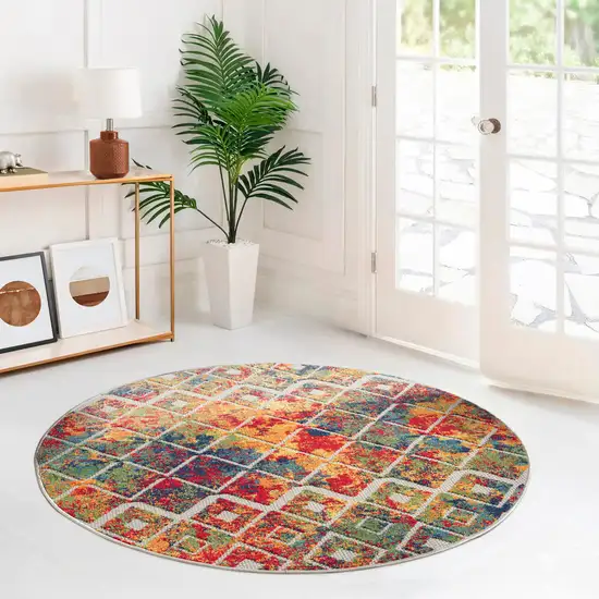 8' Red Blue And Orange Diamond Round Rug Photo 6