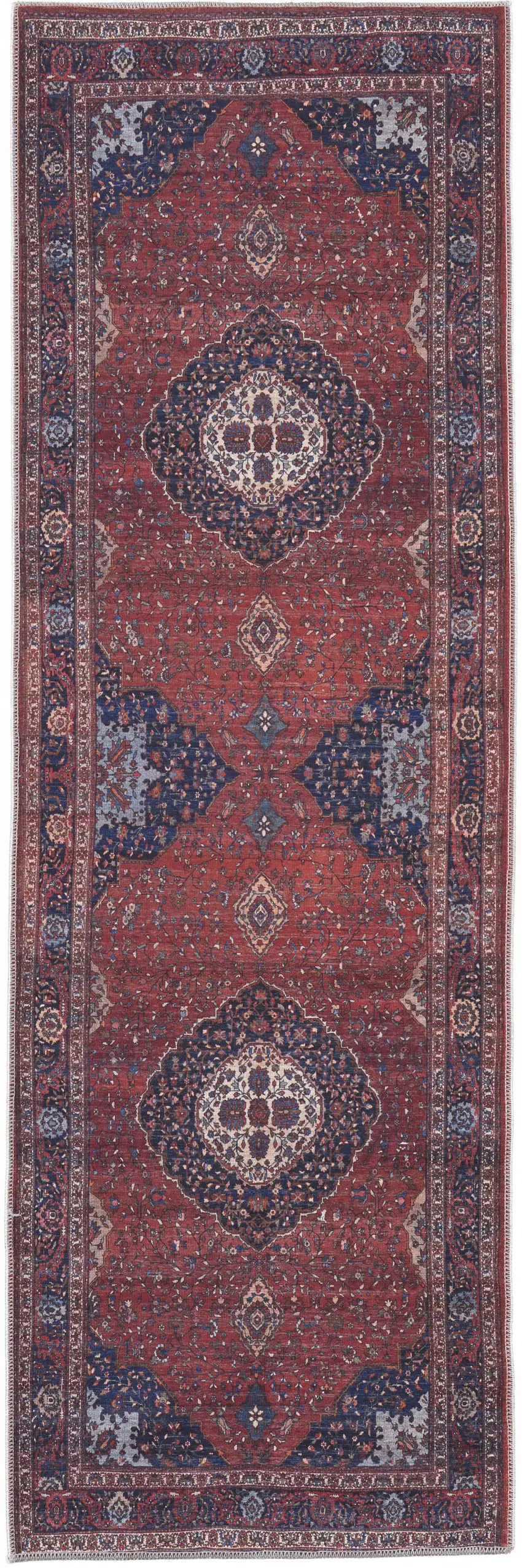 8' Red Blue And Tan Floral Power Loom Runner Rug Photo 1