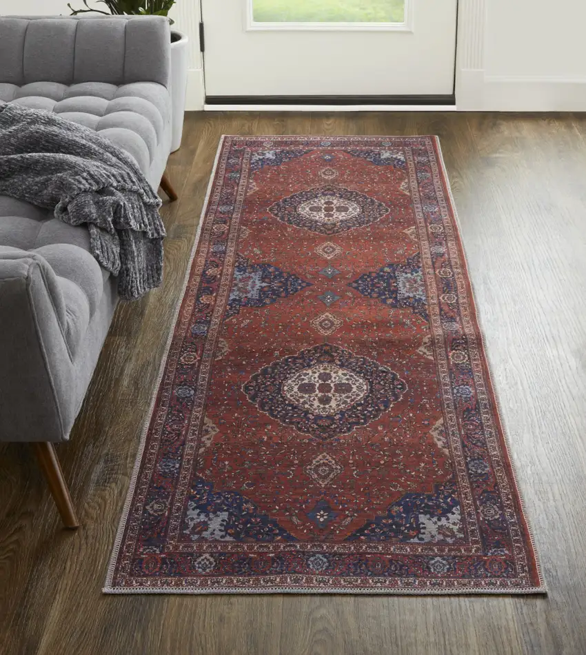 8' Red Blue And Tan Floral Power Loom Runner Rug Photo 4