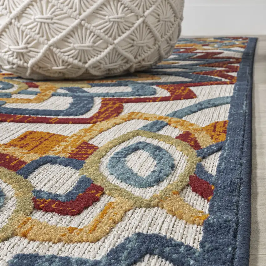 8' Red Blue And Yellow Medallion Indoor Outdoor Runner Rug Photo 9