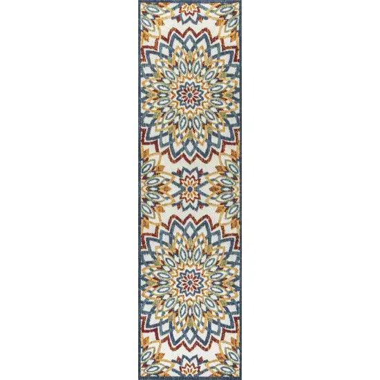 8' Red Blue And Yellow Medallion Indoor Outdoor Runner Rug Photo 2