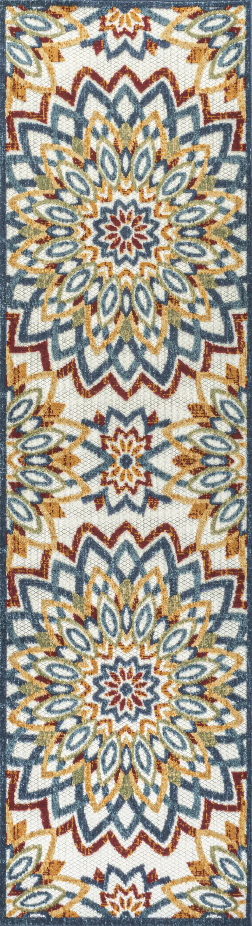 8' Red Blue And Yellow Medallion Indoor Outdoor Runner Rug Photo 2