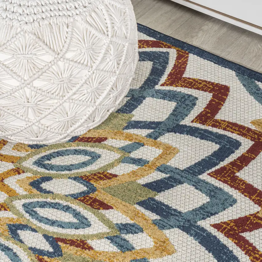 8' Red Blue And Yellow Medallion Indoor Outdoor Runner Rug Photo 9