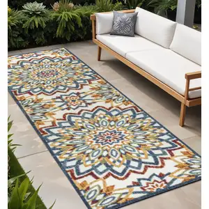 Photo of 8' Red Blue And Yellow Medallion Indoor Outdoor Runner Rug