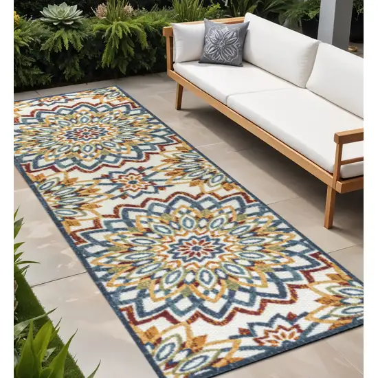 8' Red Blue And Yellow Medallion Indoor Outdoor Runner Rug Photo 1