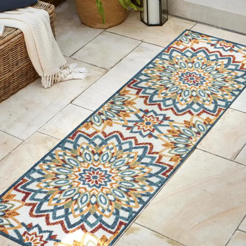 8' Red Blue And Yellow Medallion Indoor Outdoor Runner Rug Photo 5