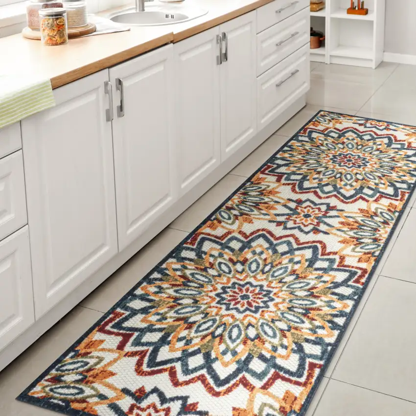 8' Red Blue And Yellow Medallion Indoor Outdoor Runner Rug Photo 6