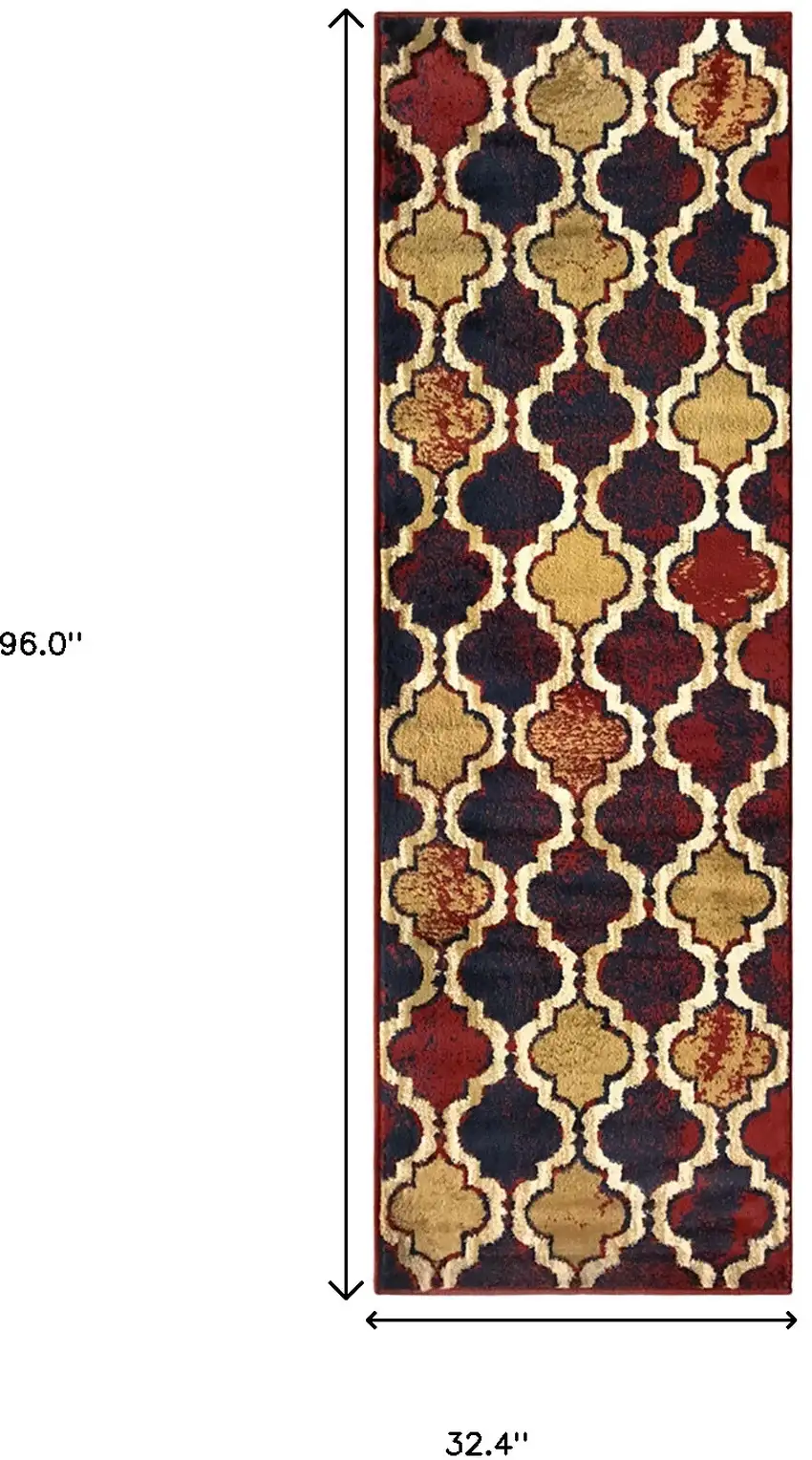 8' Red Blue Quatrefoil Power Loom Distressed Stain Resistant Runner Rug Photo 6