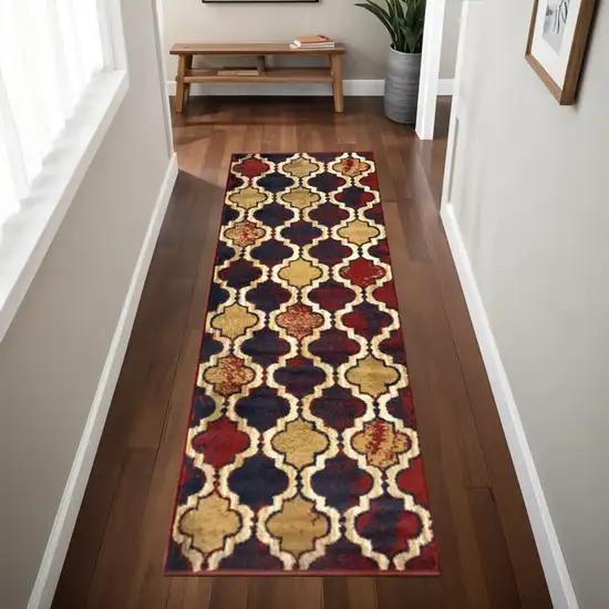 8' Red Blue Quatrefoil Power Loom Distressed Stain Resistant Runner Rug Photo 1