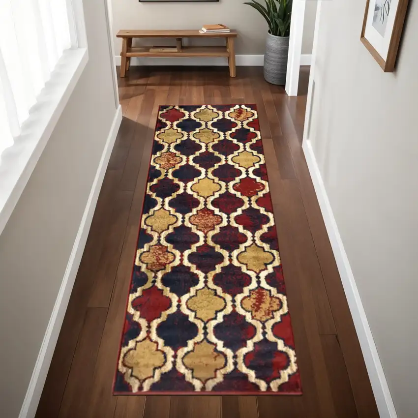 8' Red Blue Quatrefoil Power Loom Distressed Stain Resistant Runner Rug Photo 1