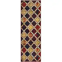 Photo of 8' Red Blue Quatrefoil Power Loom Distressed Stain Resistant Runner Rug