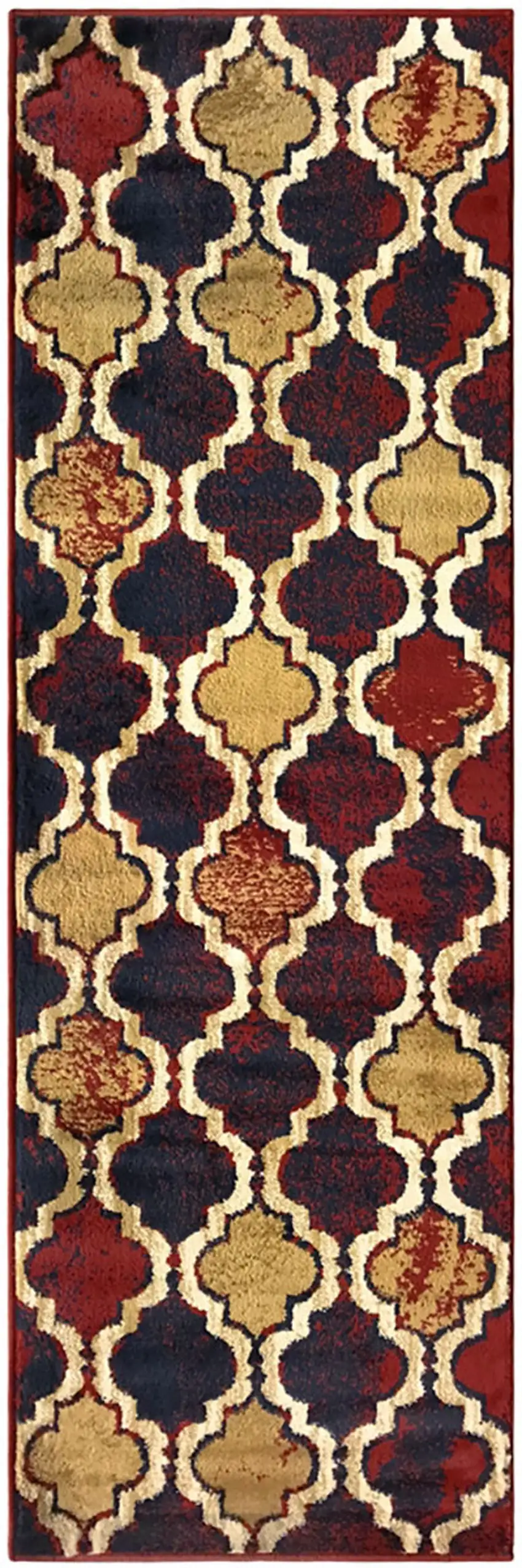 8' Red Blue Quatrefoil Power Loom Distressed Stain Resistant Runner Rug Photo 1