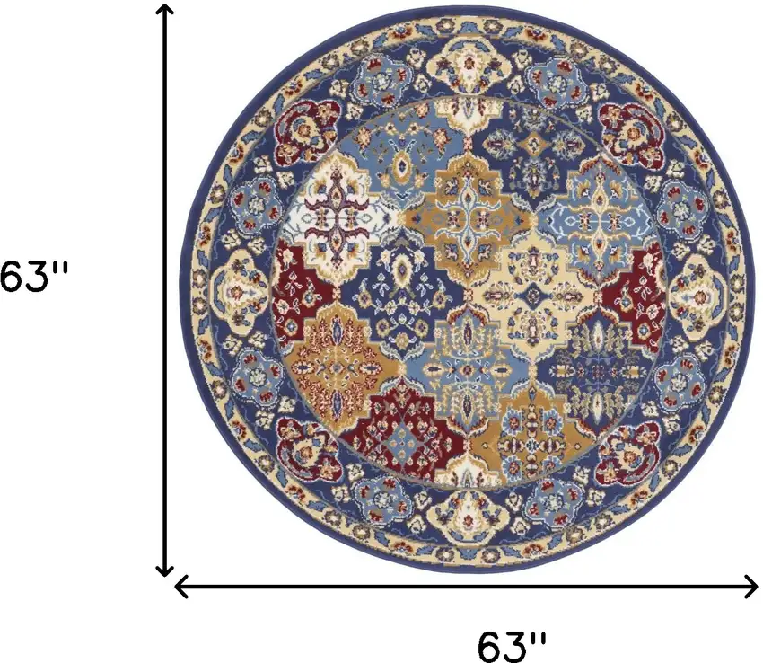 5' Red Blue and Light Brown Ogee Distressed Non Skid Round Rug Photo 3