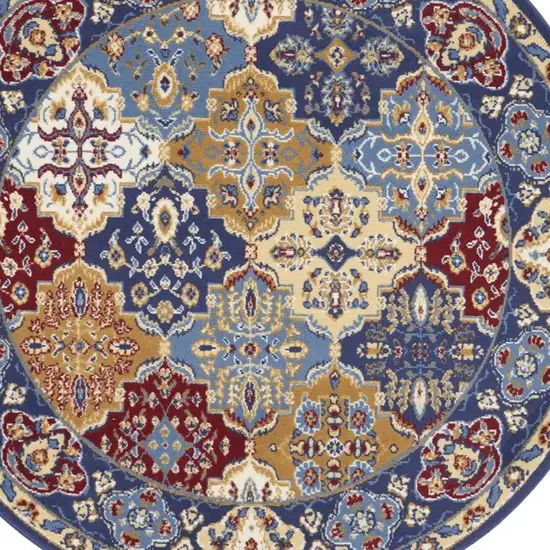 5' Red Blue and Light Brown Ogee Distressed Non Skid Round Rug Photo 3
