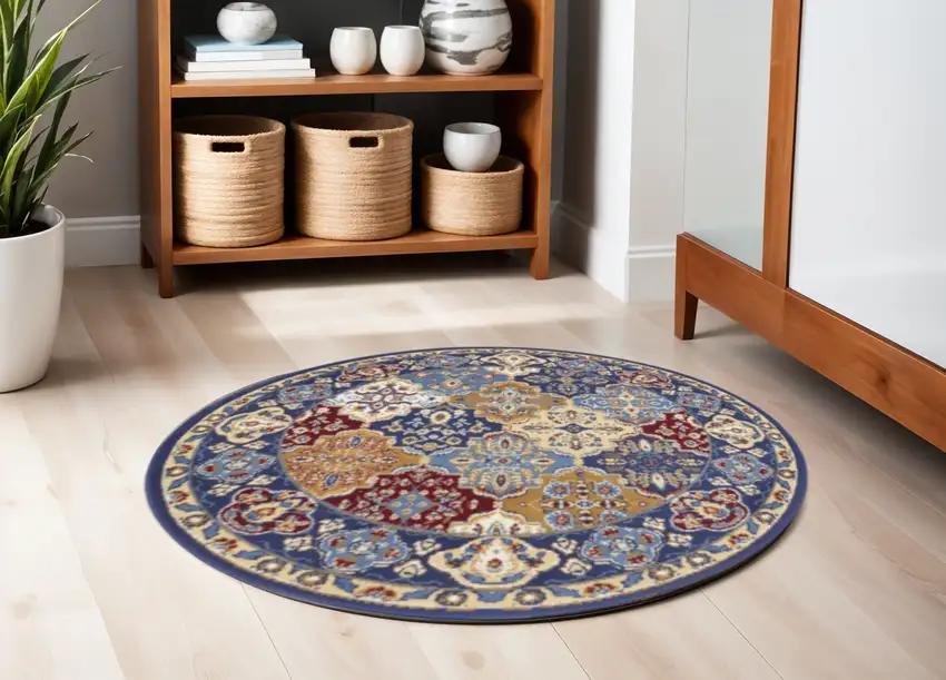 5' Red Blue and Light Brown Ogee Distressed Non Skid Round Rug Photo 1