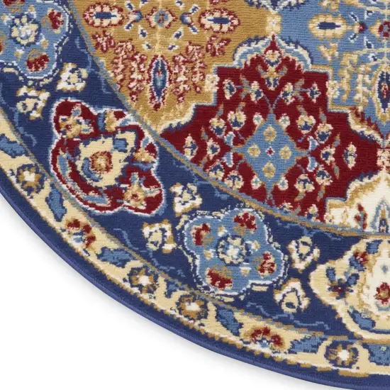 5' Red Blue and Light Brown Ogee Distressed Non Skid Round Rug Photo 8