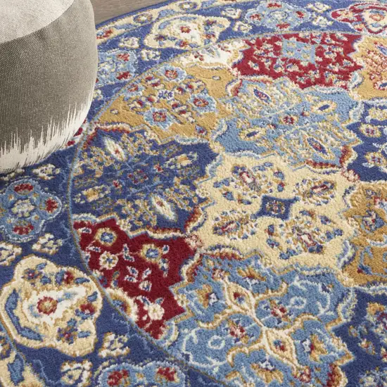 5' Red Blue and Light Brown Ogee Distressed Non Skid Round Rug Photo 9