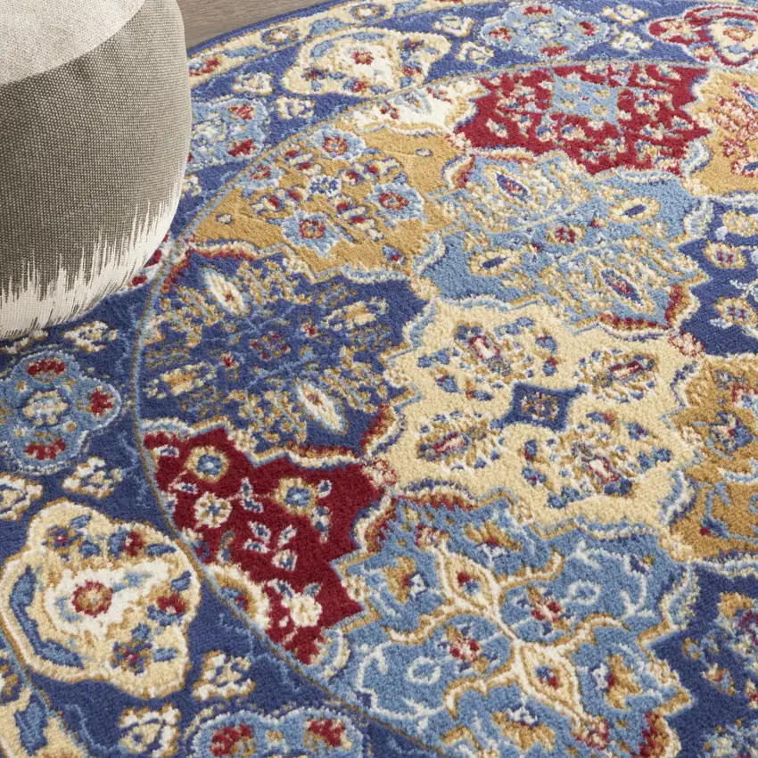 5' Red Blue and Light Brown Ogee Distressed Non Skid Round Rug Photo 9