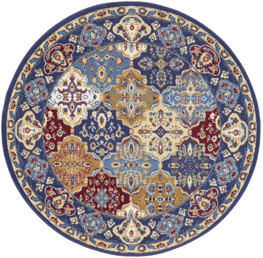 5' Red Blue and Light Brown Ogee Distressed Non Skid Round Rug Photo 2