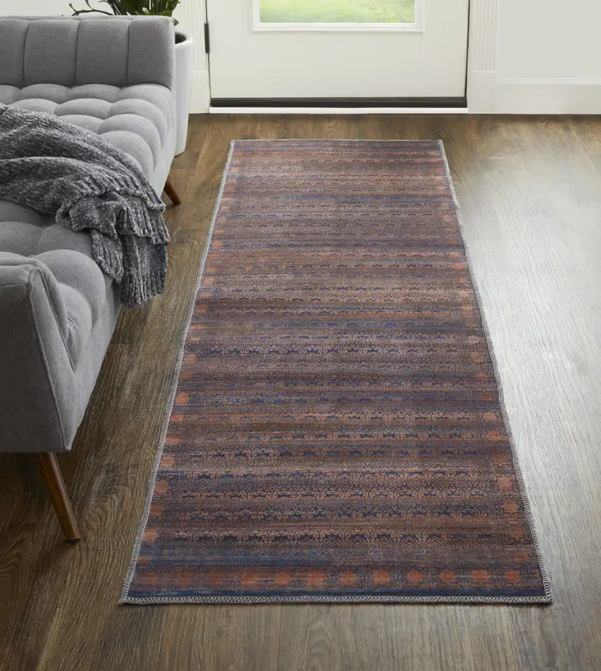 8' Red Brown And Blue Floral Power Loom Runner Rug Photo 1