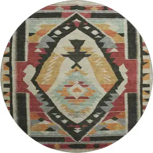 Photo of 8' Red Charcoal And Gold Tribal Washable Round Rug With UV Protection