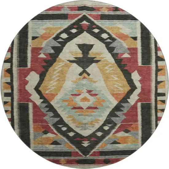 8' Red Charcoal And Gold Tribal Washable Round Rug With UV Protection Photo 1